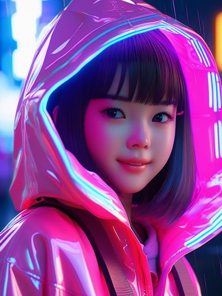 masterpiece, best quality, half body, portrait, night city, 1girl, anime, 3D, Japan, pixar, realistic, teen girl, smiling, cute face, harajuku fashion style, rain coat, beautiful, colourful, neon lights, cyberpunk, smooth skin, illustration, by stanley artgerm lau, sideways glance, foreshortening, extremely detailed 8K, smooth, high resolution, ultra quality, highly detail eyes, highly detail mouth, highly detailed face, perfect eyes, both eyes are the same, glare, Iridescent, Global illumination, hd, 8k realistic light and shadow, bright Eyes, fluorescent eyes