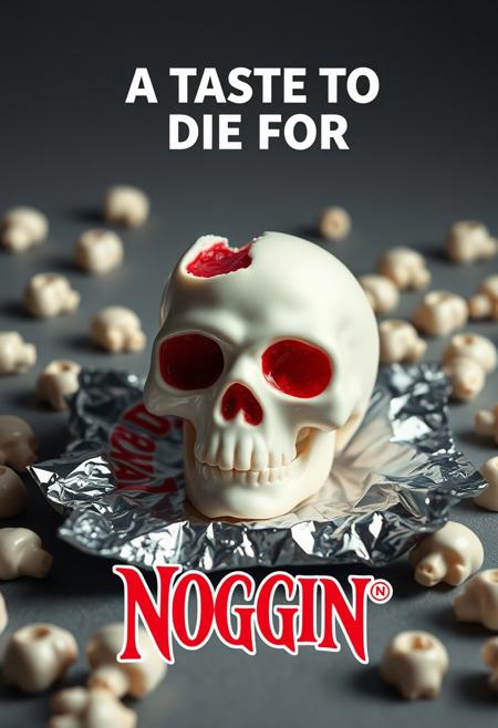 A masterpiece advertisement, photogenic soft lighting, an extremely detailed poster photo with vivid natural colors, Advertising, grey background, soft uniform lighting 
Aphoto from an advert showing a white skull shaped candy sitting on top of a square open foil warping, it's missing a small piece at the top as a result of a bite, the bite reveals the insides of the skull candy is bright red candy, multiple smaller white skull candies are strewn around on the edges of the image slightly out of focus, object, white skulls, centered composition, symmetrical, glossy, at the top of the ad the words "A TASTE TO DIE FOR"  written in a bold White font, underneath is the word "NOGGIN™" in very large red fancy font
4K digital photo quality, bokeh, vivid rich colors, depth of field, extremely detailed background, maximalist, life-like masterpiece realistic photo, hyper-realism, photogenic soft atmosphere, dynamic scene, absurdres, 8k photography, three point perspective, Ultra-realistic, extreme amount of details thay mimic richness of real life