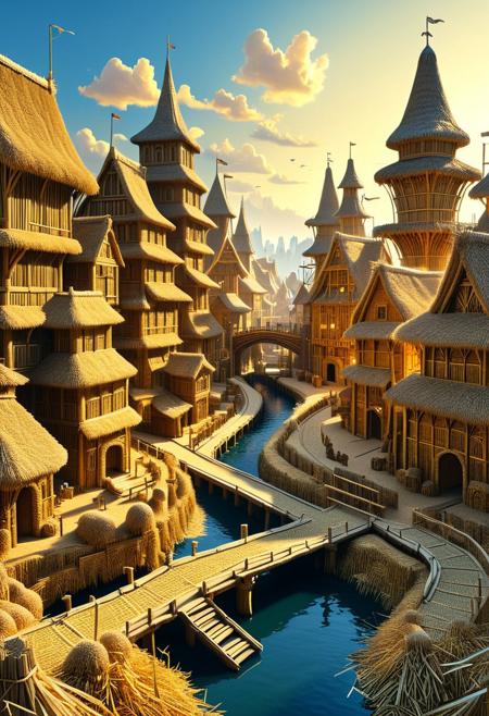 extremely detailed city made of straw, intricate straw architecture, woven straw buildings, fantasy village design, straw bridges, rustic texture, golden hour lighting, hyper-detailed, 8k resolution, trending on ArtStation and DeviantArt, concept art, cinematic atmosphere, whimsical details, magical realism, ultra high definition, masterpiece, atmospheric depth, fantasy concept art, volumetric lighting, richly textured, symmetrical design, hyperdetailed photography, trending on artstation, trending on devianart
