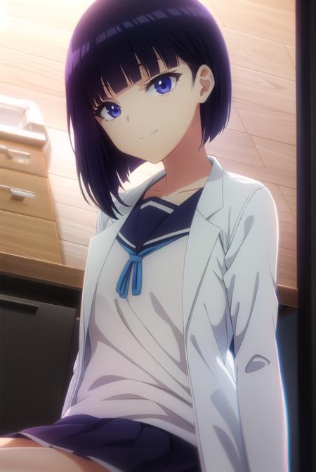 inarisakihira, <lora:inari sakihira s1-lora-nochekaiser:1>,
inari sakihira, short hair, (purple eyes:1.1), purple hair, smile,
BREAK skirt, school uniform, serafuku, labcoat,
BREAK indoors, classroom,
BREAK looking at viewer,
BREAK <lyco:GoodHands-beta2:1>, (masterpiece:1.2), best quality, high resolution, unity 8k wallpaper, (illustration:0.8), (beautiful detailed eyes:1.6), extremely detailed face, perfect lighting, extremely detailed CG, (perfect hands, perfect anatomy),