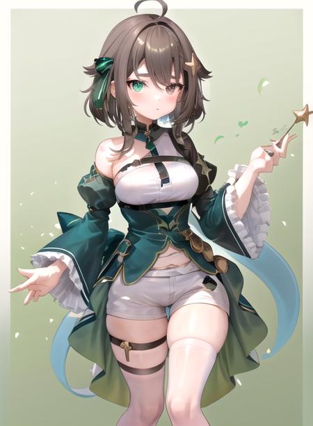 best quality, (masterpiece),(ultra-detailed), (high quality), (high resolution),  <lora:meica-10:0.7>,1girl, ahoge, black shorts, blush, braid, breasts, brown eyes, brown hair, detached sleeves, drink, frilled sleeves, green background, green bow, green eyes, hair between eyes, hair ornament, heterochromia, holding weapon, looking at viewer, meica, nail polish, ribbon, short sleeves, signature, solo, star hair ornament, virtual youtuber, witch