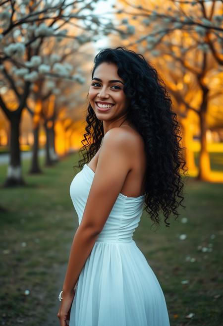 A full-body portrait of an Argentine woman, 25 years old, medium tan skin, long curly black hair, wearing a trendy white short dress, smiling radiantly in a scenic park with blossoming trees, golden hour lighting, cinematic detail, Canon RF 85mm f/1.4 lens, hyperrealistic textures, MidJourney v6.