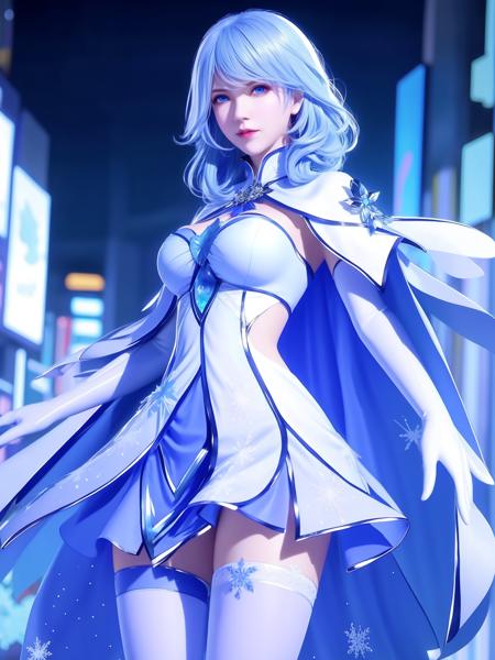 <lora:DLDLmengyiran_20230728215837:0.75>,1girl,mature female, cityscape, night,looking at viewer, blue eyes,short dress,white medium hair, blue hair,cape, white pantyhose,snowflakes, floral print, jewelry, gem,shiny, thigh strap,