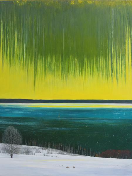 <lyco:PeterDoig:1.0> Art of An empty, melancholy winter landscape, art by Peter Doig