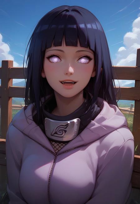 (ExpresHGothicNeonIncase, hinataSDXL), score_9, score_8_up, score_7_up, 1girl, solo, long hair, looking at viewer, smile, open mouth, room background, black hair, purple eyes, pants, hood, hood down, white eyes, forehead protector, konohagakure symbol, (hyuuga hinata), looking at viewer, (score_6_up, score_5_up, flame-like, outside, blue sky, wooden fence, upper body.