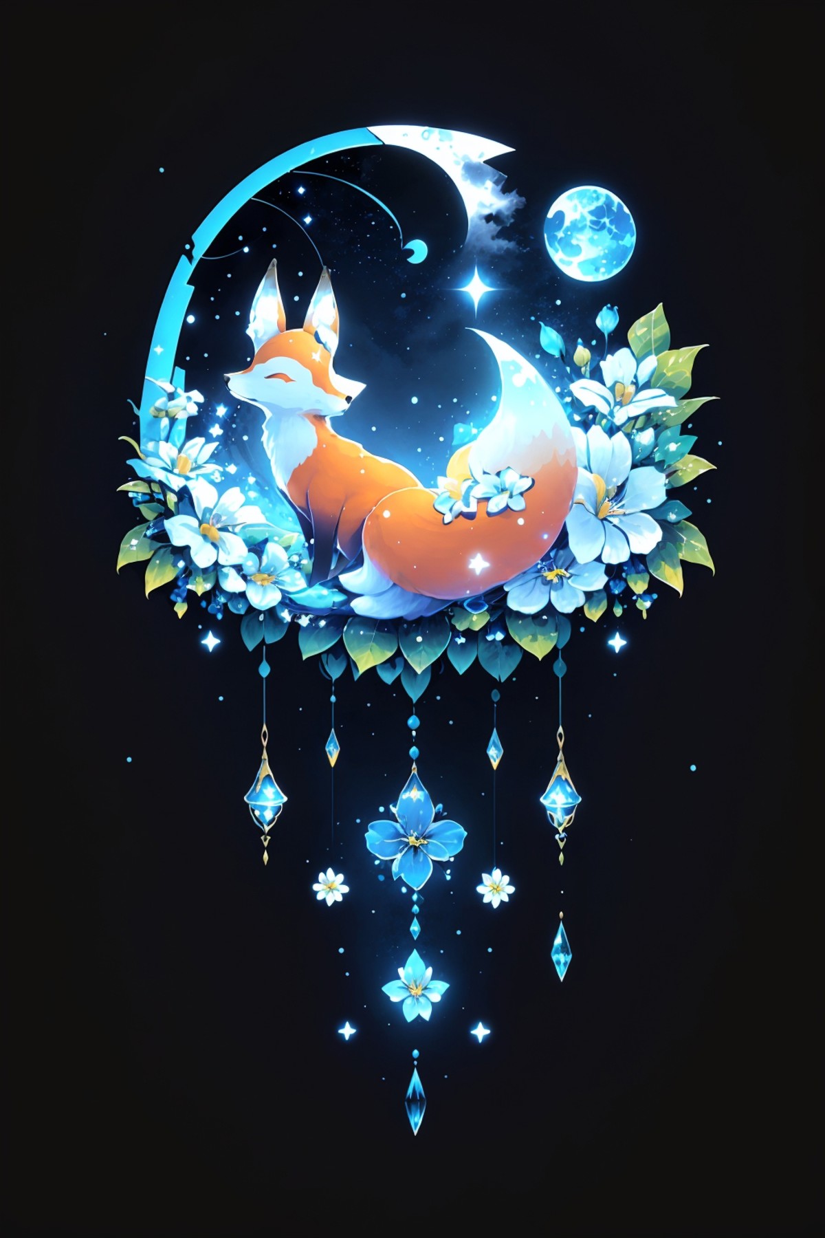 cute00d, fox, from behind, simple background, flower, sparkle, glowing, leaf, moon, white flower, crescent, blue backgroun...
