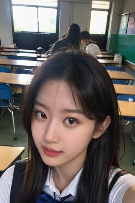 a photo of m_kayoung, 18 year old girl in the classroom, close up, <lora:m_kayoung-15:0.9>, (intricate details:0.8), (hdr, hyperdetailed:1.2), school uniform