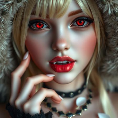 A stunning doll like face close-up of a blonde woman, gothic fashion, with bright red eyes, moist pink lips, smooth skin, fangs, wearing a fluffy animal ear hood, wearing beautiful necklace,wide cleavage,  soft lighting, realistic and delicate facial features, fallen snowpetal,  photorealistic rendering. Natural light interplay on skin,Photorealistic shadow softness, Lifelike hair gloss , Photorealistic color grading, One hand resting on the chin, shoulders slightly hunched, head tilted slightly downwards.