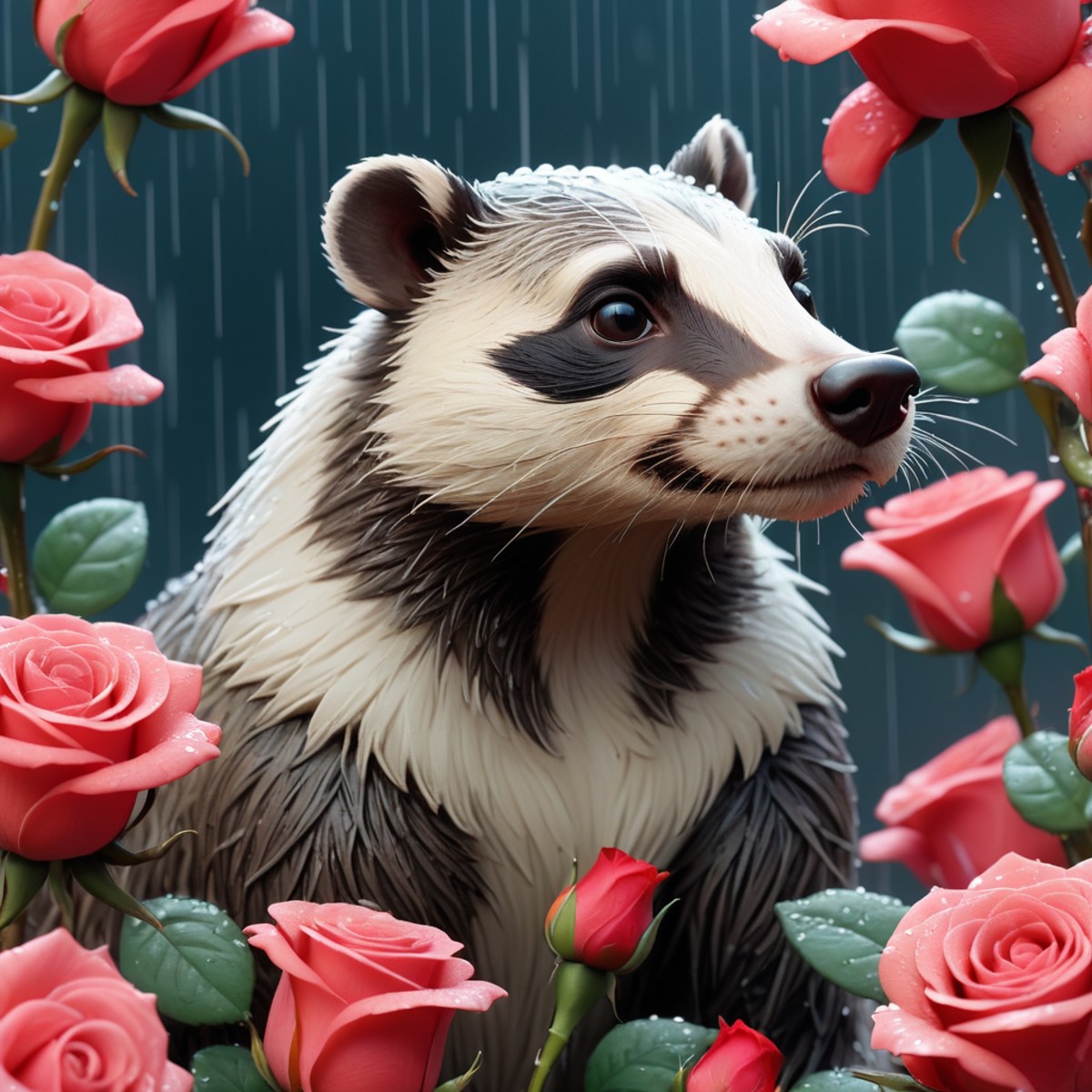 best quality, Striking Retrofuturistic Badger, highly detailed, Roses background, Raining, designed by William Morris, (Mi...