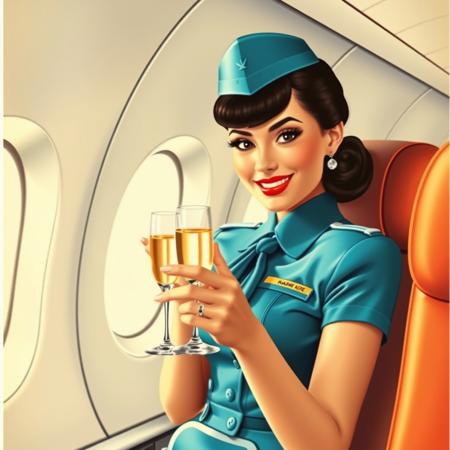 A vintage advertising poster with a beautiful student model in an azure flight attendant uniform in the passenger cabin. She offers champagne glasses during the flight. She has dark hair, beautiful eyes, well defined eyelashes and lipgloss. She makes eye contact with kind smile,