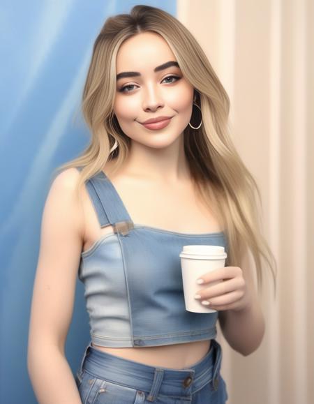 SabrinaCarpenter,<lora:SabrinaCarpenterSDXL:1> A photorealistic image of a woman in a stylish denim ensemble. She wears a sleeveless, form-fitting blue denim top, tucked into high-waisted jeans, cinched at the waist to emphasize her silhouette. The woman is holding a white coffee cup in her right hand, her left adorned with a wide brown leather bracelet, coiling multiple times around her wrist. She's also holding a delicately folded white cloth or napkin. Her hair is styled in a neat, low ponytail, and she sports a natural makeup look featuring defined brows and a subtle lip color. The background has a soft, textured gradient of blue and beige, complementing her attire and adding depth to the composition.