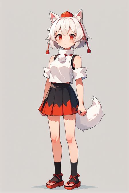  inubashiri momiji white hair, short hair, wolf ears, red eyes, tokin hat, detached sleeves, two-tone skirt