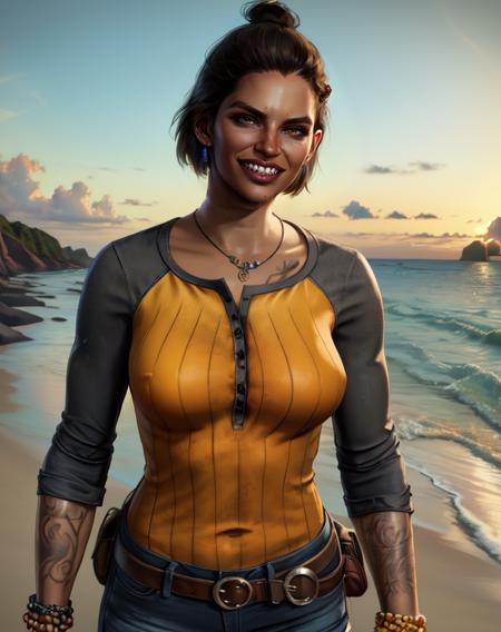 dani, solo,short hair,brown hair,lips,black hair.brown eyes,chest tattoo,hair bun ,  teeth, 
pants,earrings,denim,jeans,holster, belt ,bracelet, yellow shirt, shoes, standing, upper body, looking at viewer, smirk, beach shore, morning,
 (insanely detailed, beautiful detailed face, masterpiece, best quality),  <lora:DaniRojas-10v6:0.8>