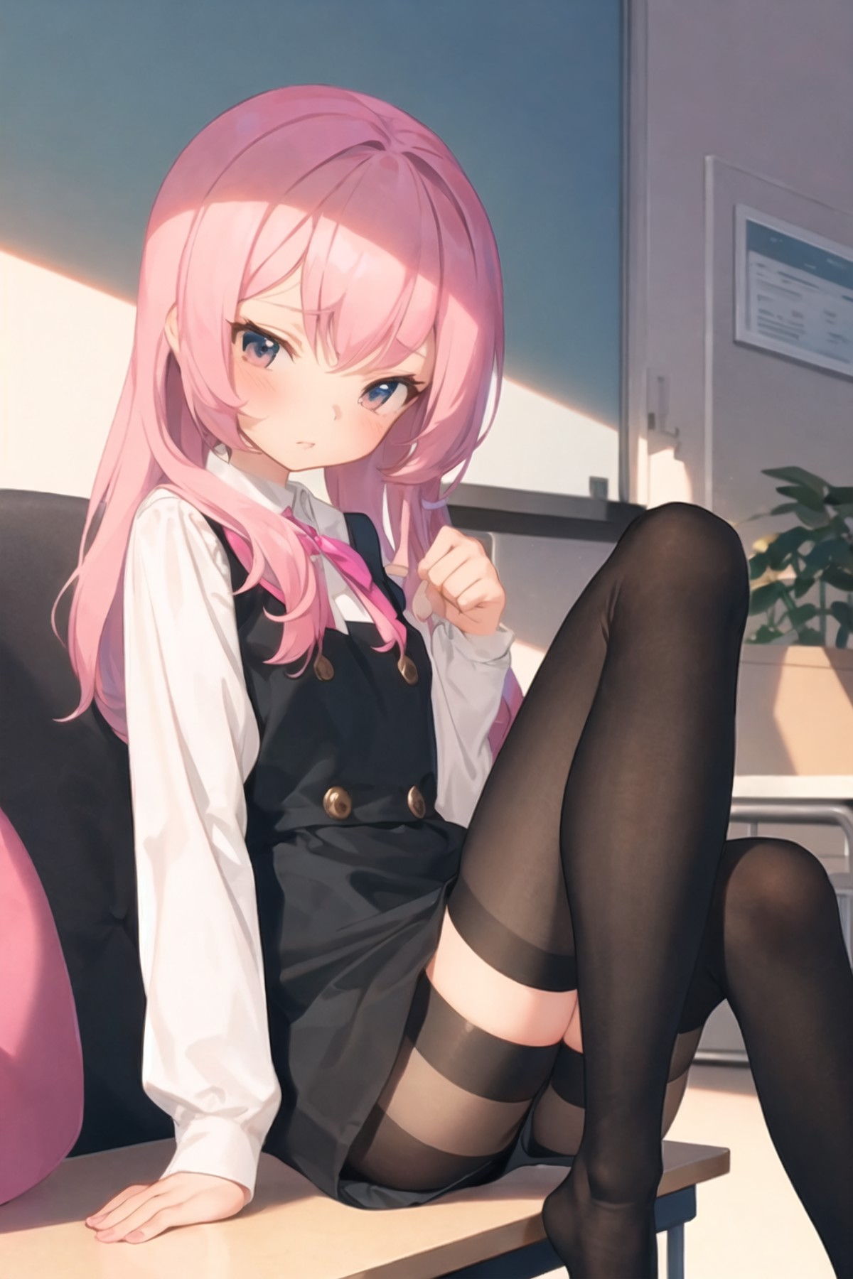a pink hair girl in black stocking sitting on my desk, living room