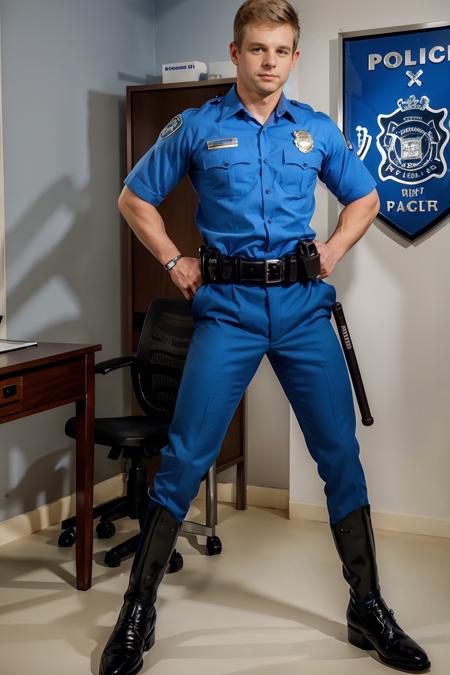 police station office, PetoMohac, blue-color, dress shirt, belt, pants, badge, black boots, holding baton, looking at viewer, masterpiece, ((full body portrait)), wide angle   <lora:Clothing - Sexy Police Officer:0.75>   <lora:PetoMohac-000008:0.8>