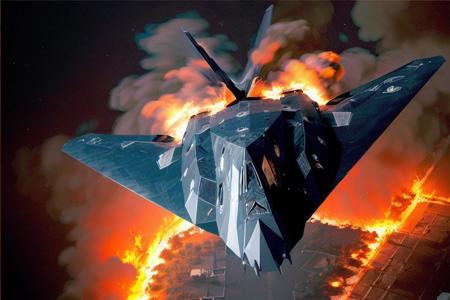 analog gloomy aerial photo of a nighthawk stealth bomber, <lora:n1ghth4wk:1>, ((nighttime)), (explosions on the ground:1.1), ((fire)), city ruins, High Detail, Sharp focus, (photorealism), realistic, best quality, 8k, award winning, dramatic lighting, epic, cinematic, masterpiece, rim light, action movie, war,