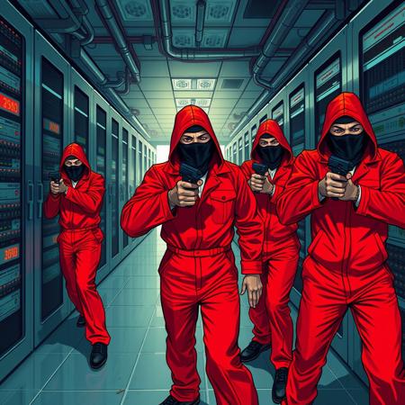 Concept art of a server room being broken into by "Money Heist" themed burglars, wearing their iconic red jumpsuits and masks, holding pistols and looking determined. 
Realistic details and textures, long shot perspective.