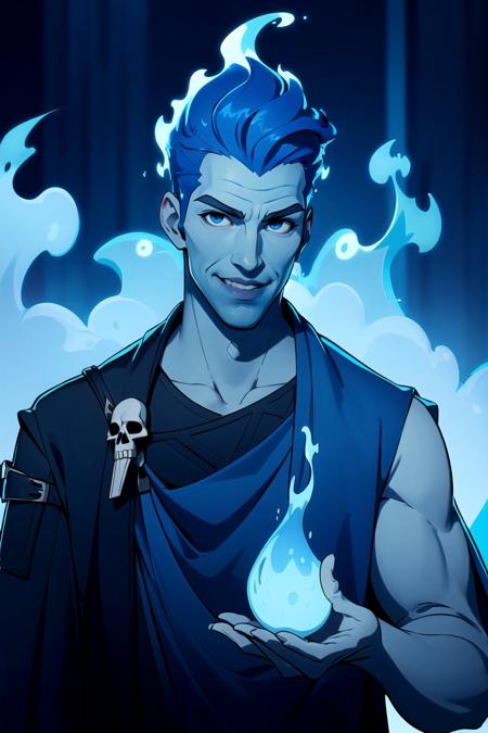 centered, upper body portrait, cowboy shot, (looking at viewer:1.2), |
<lora:Hades_Disney:0.7>, Hades_Disney,  (blue fire:1, fiery hair, blue fire), solo, 1boy, young handsome face, 
grey skin, smile,
skull accessory,
| blue fire,
| bokeh, depth of field, cinematic composition, |  dynamic pose,