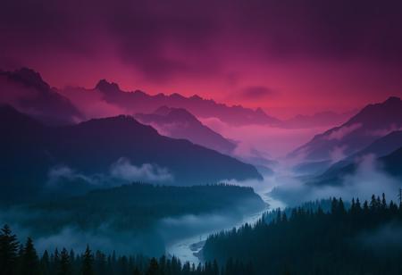midnight, mist, mountains, rivers and forests, a wide vista, medieval, D&D, real photo, 4k, high contrast, vibrant colours, movie still