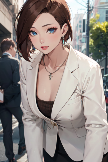 ChristieArimura, 1girl, solo, short hair, blue eyes, pencil skirt, brown hair, long sleeves, jewelry, collarbone, white jacket, earrings, necklace, makeup, formal, 