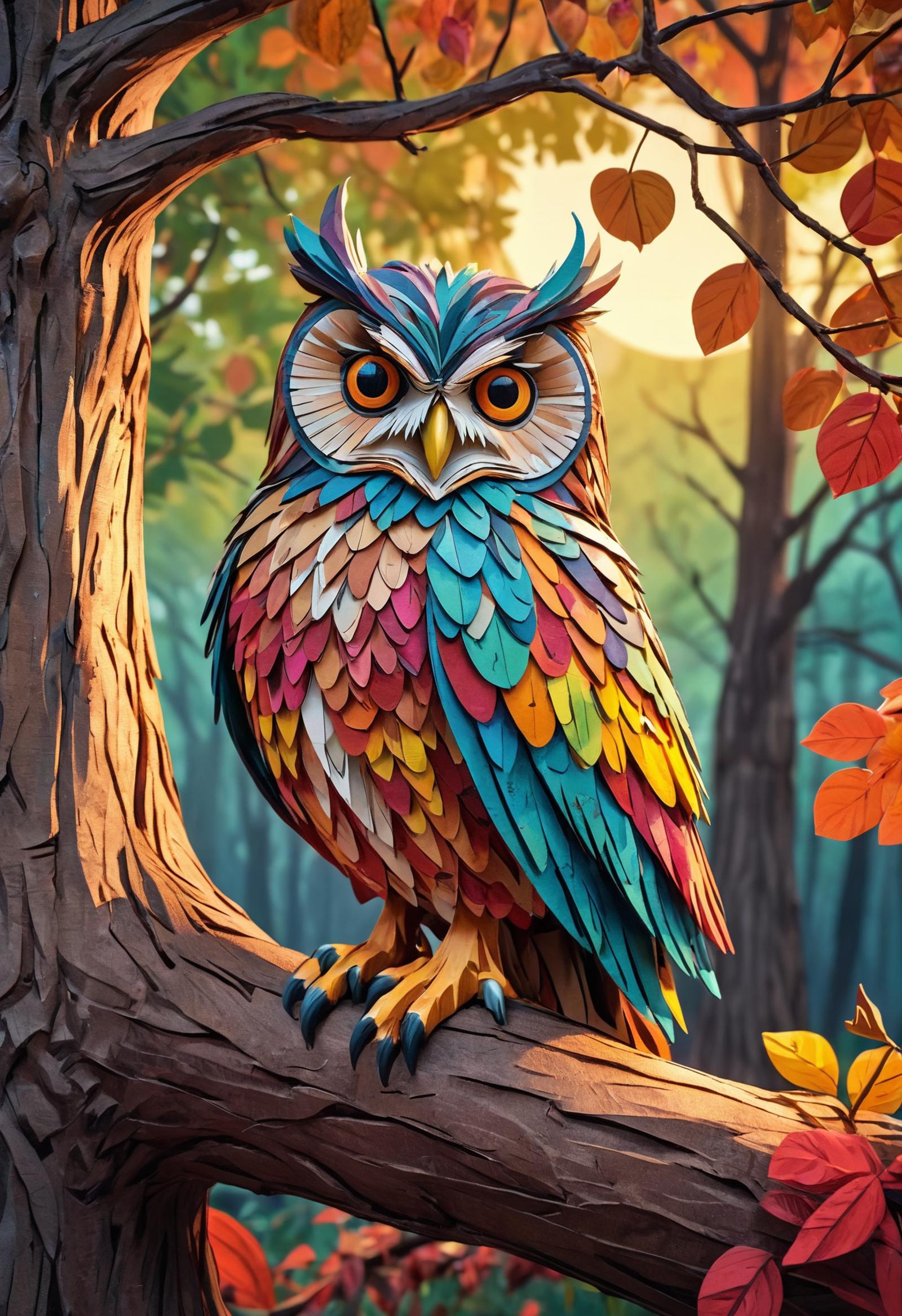 Colorful Owl Statue Perched on Tree Branch Among Autumn Leaves