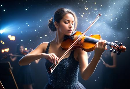 score_9, score_8_up, score_8, dark, black background,  female playing violin, on the scene, far far 3/4 view, view from the crowd, blurred background, expression, light glow coming from center, sparkles around, glow, mist, insane details, intricate details, hyperdetailed, low contrast, soft cinematic light, dim colors, exposure blend
