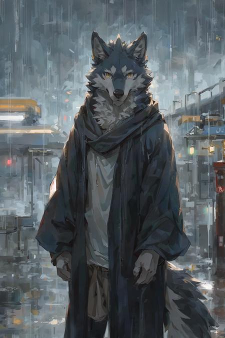 masterpiece, best quality, perfect anatomy,nj5furry,kemono,
solo,male,anthro,wolf,baggy clothing, gentle, 
bright eyes, detailed eyes, looking at viewer, 
train station, waterdrop, grey sky, raining, fog,