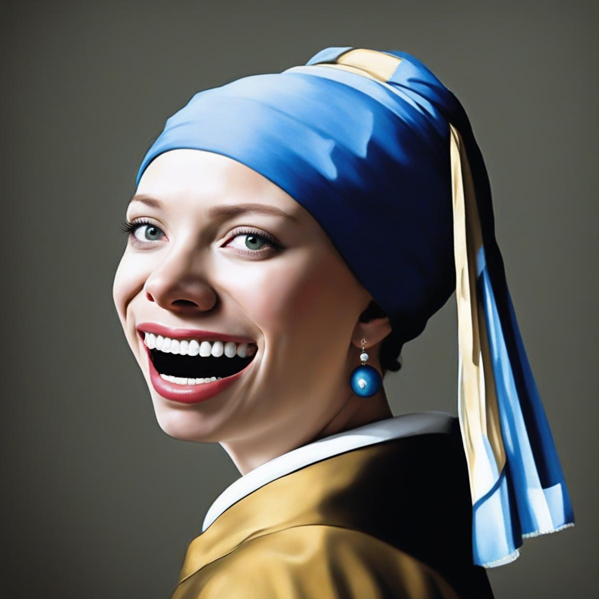 A woman wearing a blue headscarf and a yellow jacket is smiling.