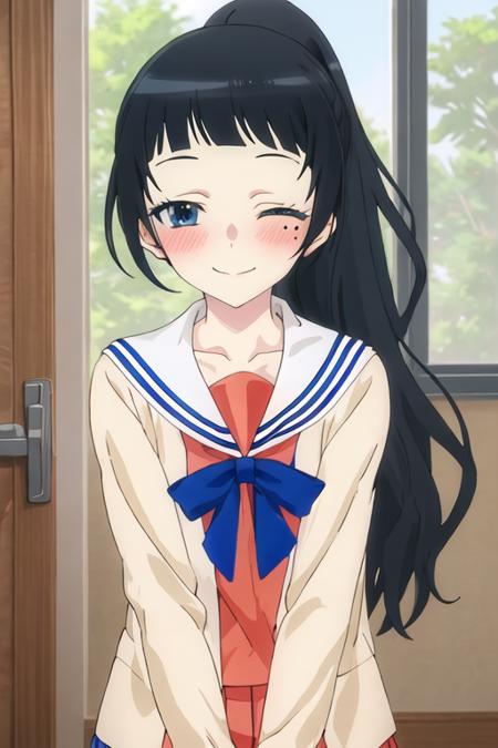 best quality, masterpiece, highres, solo, {chiyo_4ninwasorezoreusootsuku:1.15}, black_hair, long_hair, blush, bangs, mole, mole_under_eye, blunt_bangs, smile, blue_eyes, serafuku, ponytail, 1girl, closed_eyes, school_uniform, upper_body