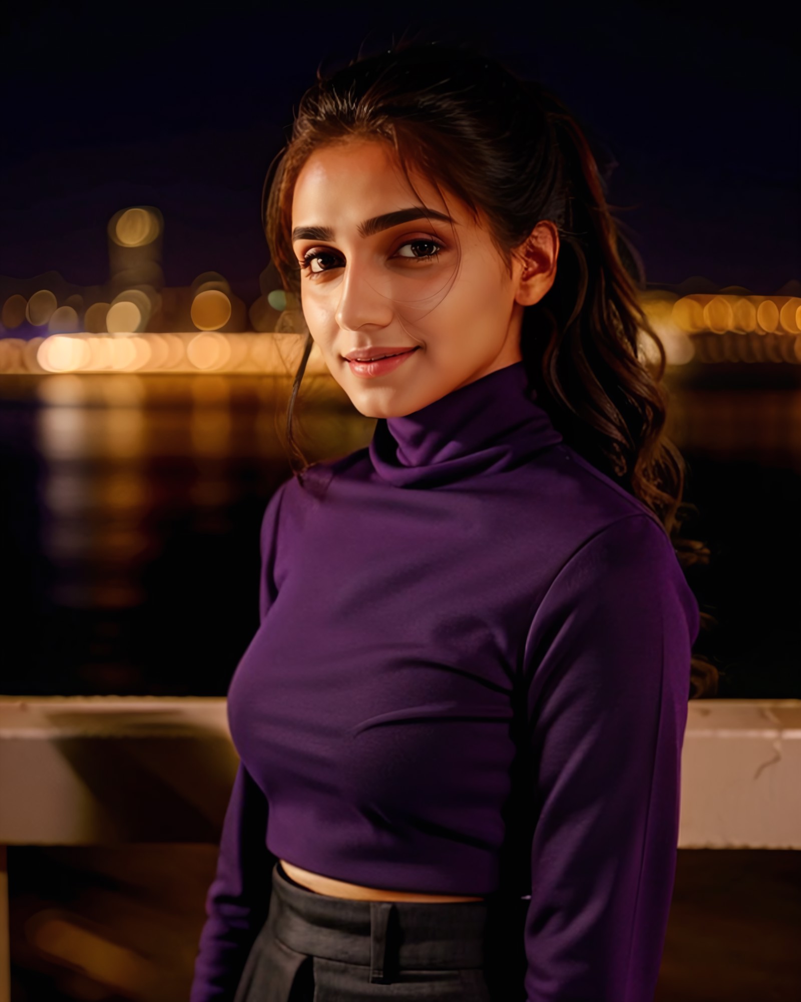 portrait photo of a vdka woman, wearing high-neck Purple clothing, solo, smiling, night time, city lights  in background b...