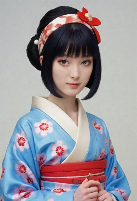 KagerM, she is a beautiful young woman of average height with shoulder-length black hair, red eyes and a pale skin complexion. She wears a blue kimono with a red and white sarashi that stops at waist length and a pair of sandals on her feet with white tabi. Her most notable piece of clothing is a purple headband with a ruby in the middle, photo realistic style, dynamic shadows, dramatic lights
