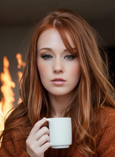 closeup, portrait, LeannaDecker, ((wearing sweater)), inside, portrait, kitchen, holding coffee mug, winter fire, eyes open, best quality, upper body, by lee jeffries nikon d850 film stock photograph 4 kodak 400 camera f1.6 lens rich colors hyper realistic lifelike texture natural lighting unreal engine trending on artstation cinestill 800, (100mm lens), long hair,
red hair <lora:Leanna Decker:1>