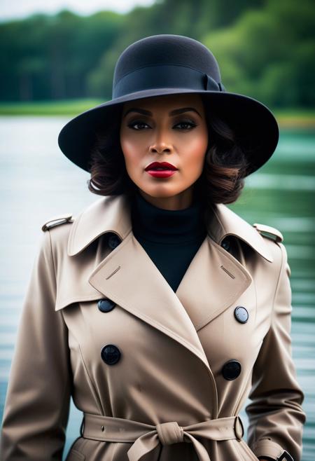 Expressionism - sharp focus, professional photography, masterpiece, ultra detailed photograph, high quality, 8k, fine details, buxom, brunette bobcut 1934 style and fashion, 45yo, Mature African Woman  In A Trench Coat, at the lake, Film Noir, Private Detective, fedora, close-up portrait, cool-toned color grading, shallow depth of field, colossal bustline, plump