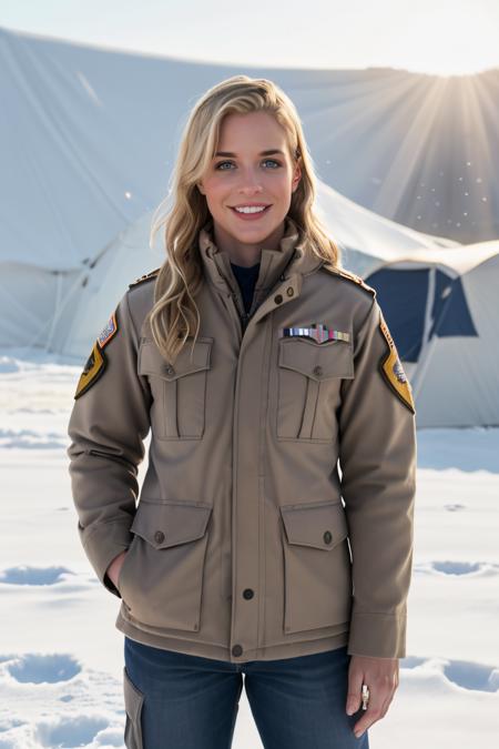 Professional photograph of GA1,<lora:GemmAtkins20byMal:0.9>, 36yo. blonde, she's very fit, she's a soldier wearing a modern military navy uniform, she's standing guard outside a military encampment in a frozen tundra, she's wearing a fancy uniform, snowing, sunrays, ray-tracing, she has long blonde hair combed to the sides, she's smiling brightly, toothy smile facing the viewer, 4k, bokeh, 8k, absurdres, masterpiece, highest quality, award winning shot, ray-tracing