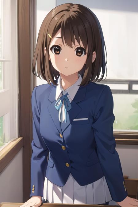 yuihirasawa, <lora:yui hirasawa s2-lora-nochekaiser:1>,
yui hirasawa, short hair, brown hair, hair ornament, (brown eyes:1.5), hairclip,
BREAK sakuragaoka high school uniform, school uniform, uniform, blazer, shirt, white shirt, collared shirt, skirt, pleated skirt,
BREAK indoors, classroom,
BREAK looking at viewer, (cowboy shot:1.5),
BREAK <lyco:GoodHands-beta2:1>, (masterpiece:1.2), best quality, high resolution, unity 8k wallpaper, (illustration:0.8), (beautiful detailed eyes:1.6), extremely detailed face, perfect lighting, extremely detailed CG, (perfect hands, perfect anatomy),