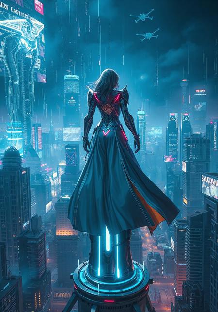 A majestic female figure stands atop a glowing tower in a vast cybernetic city at night, her long coat flowing in the wind, neon lights reflecting on her chrome armor, energy currents rising from the streets below, massive digital screens flickering around her, the sky filled with glowing data streams and hovering drones, a sense of awe and power in the air, cinematic lighting, high detail, vibrant colors

