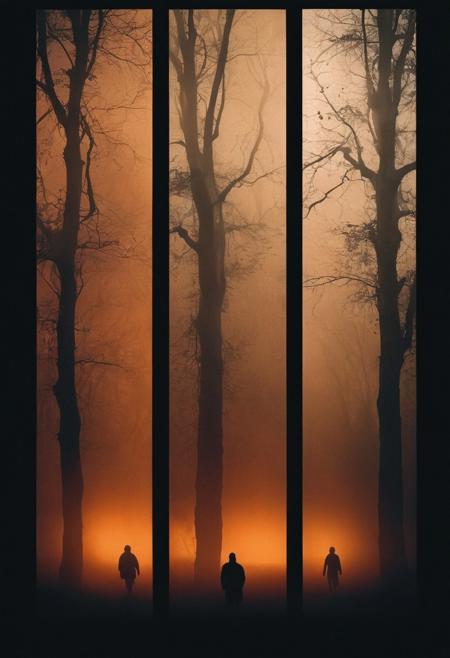 landscape, mist, trees, fog, two-color image blade runner orange cinematic light, silhouette figure, grainy image, dark atmosphere, dual frame, cinematic dual frame. moody.collage of three vertical  frames.