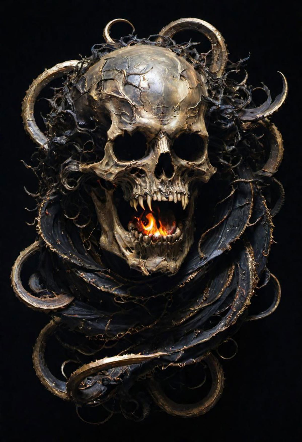 A skull with a snake wrapped around it and flames coming out of its mouth.