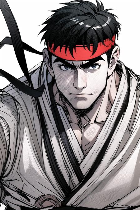 1boy, ryu (street fighter), solo, male focus, dougi, gloves, muscular, headband, fingerless gloves, black hair, sketch, red gloves, muscular male, <lora:Kinu Nishimura:0.8>