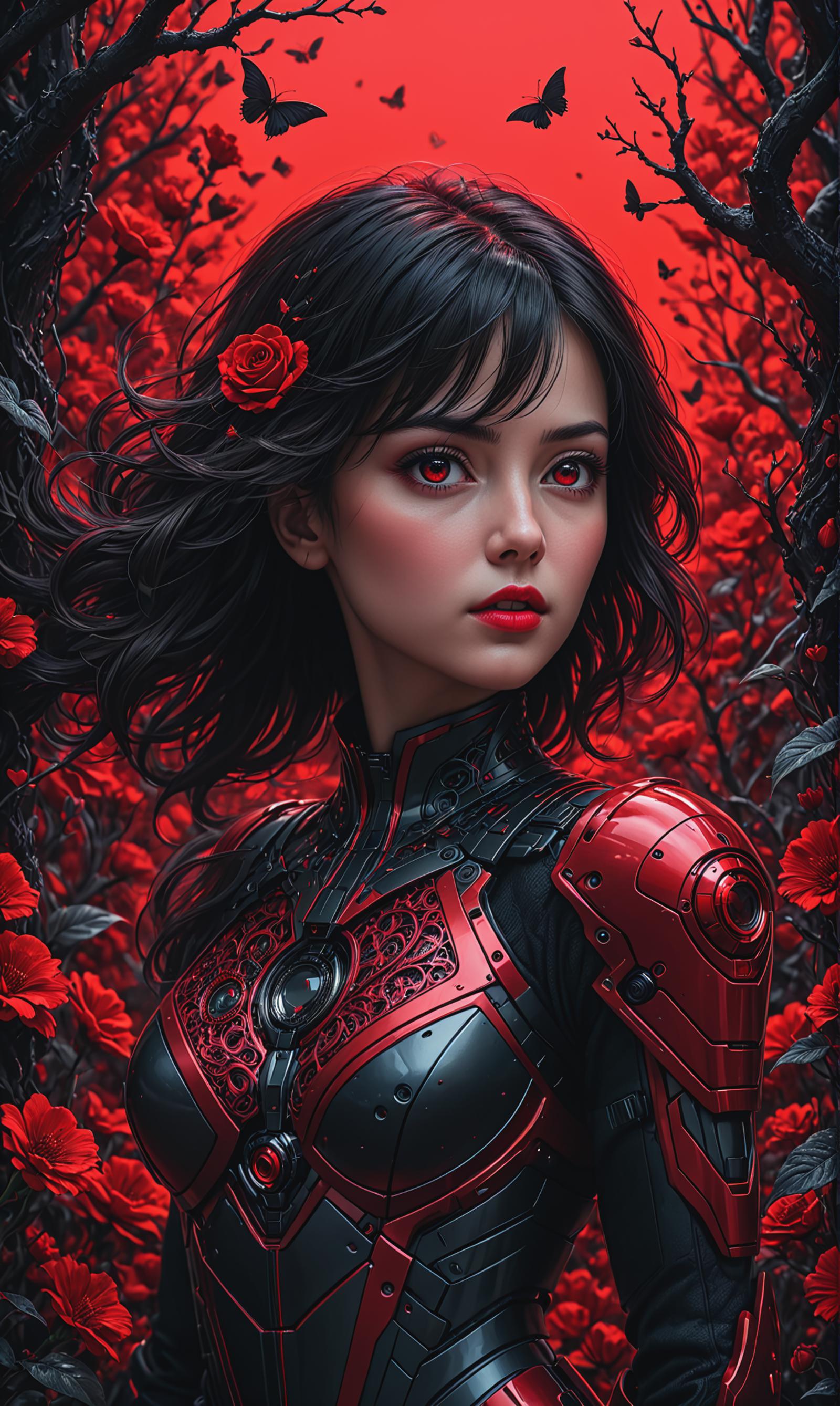 A woman with red eyes and red armor on a red background.