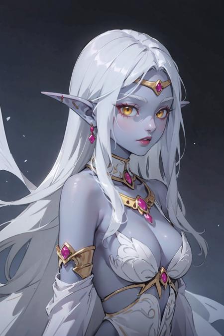 (high quality, detailed, beautiful), 
1girl, perfect face,
Azshara, elf ears, long ears, white hair, long hair, long brows, colored skin, blue skin, grey skin, yellow eyes, jewelry
white clothes, upper body, front view,
dark background,
<lora:Queen_Azshara_Elf__World_of_Warcraft:0.7>