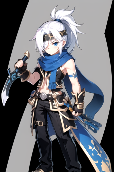 <lora:LassIsolet-03:0.7> ,lassgc, solo, long hair, blue eyes, simple background, gloves, 1boy, holding, full body, ponytail, weapon, white hair, male focus, black gloves, sword, fingerless gloves, scarf, hair over one eye, headband, black background, blue scarf