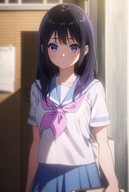 reinakousaka, <lora:reina kousaka s2-lora-nochekaiser:1>,
reina kousaka, kousaka reina, long hair, bangs, black hair, (purple eyes:1.1),
BREAK skirt, shirt, school uniform, white shirt, short sleeves, pleated skirt, serafuku, sailor collar, blue skirt, neckerchief, red sailor collar, school bag, pink neckerchief, kitauji high school uniform,
BREAK indoors, classroom,
BREAK looking at viewer, (cowboy shot:1.5),
BREAK <lyco:GoodHands-beta2:1>, (masterpiece:1.2), best quality, high resolution, unity 8k wallpaper, (illustration:0.8), (beautiful detailed eyes:1.6), extremely detailed face, perfect lighting, extremely detailed CG, (perfect hands, perfect anatomy),