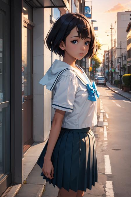 masterpiece, best quality, daitoku junna, serafuku, blue bow, pleated skirt, from side, portrait, looking at viewer, city street, sunset <lora:junna-nvwls-v2-000010:0.8>