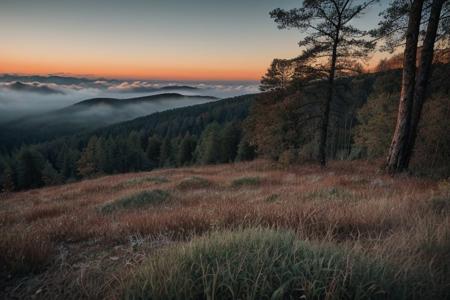 raw photo, a sunset landscape, Carpathian mountains valley temperate forests, Poland forest,  cozy, photorealistic, high detailed texture, 8k uhd, dslr, soft lighting, high quality, film grain, Fujifilm XT3, Sony A7 IV, highly detailed photography, (muted colors, cinematic, dim colors, soothing tones:1.2), vibrant, insanely detailed, hyperdetailed, (dark shot:1.2), (vsco:0.3), (intricate details:0.9), (hdr, hyperdetailed:1.2) (highest coherency: 1.39) (highest quality: 1.39) (rule of Thirds) (award winning) (breathtaking) (masterclass) (vibrant color: 0.79) (foggy: 1.09) (distant ruined chapel distant hillside)