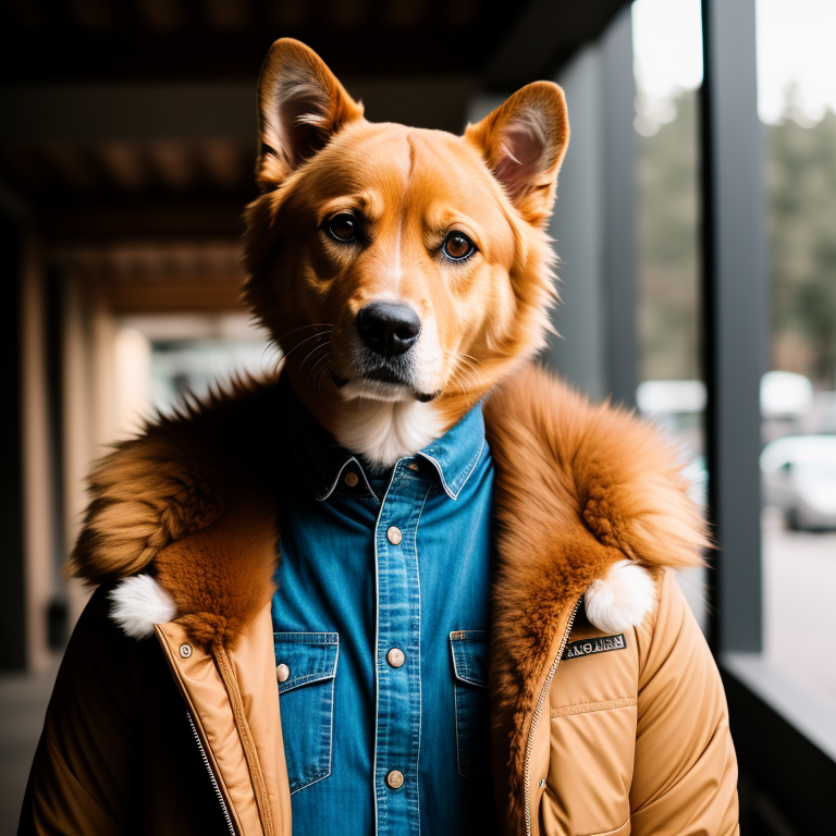 RAW photo, animal, a portrait photo of [man:dog:2] humanoid in clothes, face, 8k uhd, dslr, soft lighting, high quality, f...