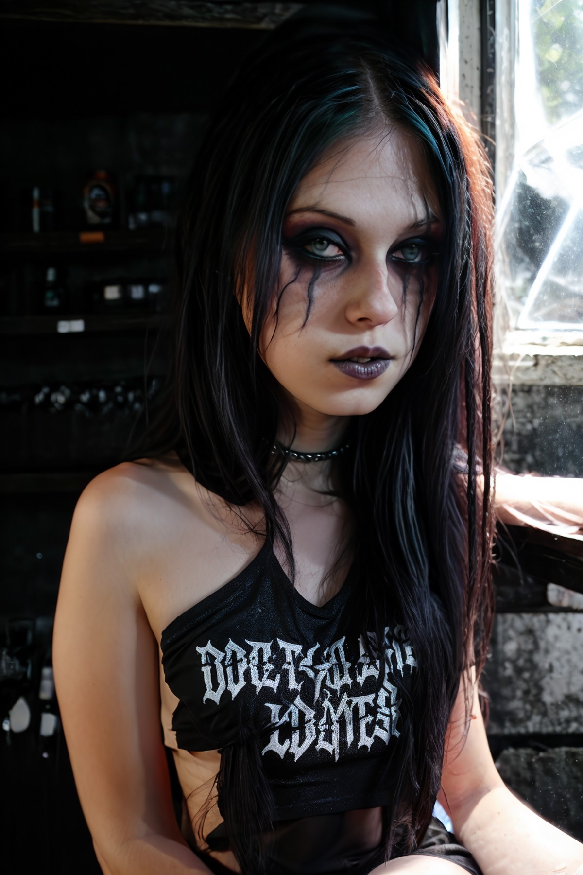 <lora:LizVicious:1>, full color portrait of a young woman, wearing a death metal t-shirt and black makeup, god rays, natur...