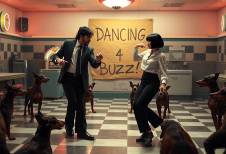 Create an image of a lively dance scene reminiscent of the iconic moment in “Pulp Fiction,” but with a unique twist. The setting is a retro-themed 1950s diner with checkered floors, neon lights, and a jukebox playing in the background. In the foreground, two characters are dancing: one is a man with dark hair, wearing a black suit, white shirt, and tie, and the other is a woman with a short black bob haircut, dressed in a white blouse and black pants. They are mid-dance, striking a playful pose with confident expressions, one pointing towards the other.
Surrounding the dance floor are several dobermans with menacing postures, their eyes glowing a fiery red, giving the scene a surreal and eerie atmosphere. In the background, prominently displayed, is a large cardboard sign that reads “DANCING 4 BUZZ!” in bold, hand-drawn letters. The sign adds a quirky, almost playful element to the otherwise intense and otherworldly scene, blending humor with the ominous vibe of the dobermans. The overall image should feel dynamic, with a mix of cool, rebellious energy and surreal tension.