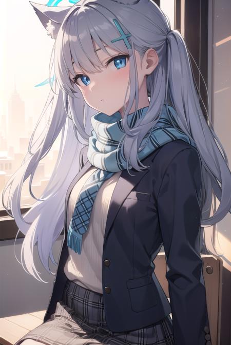 bluearchiveshiroko, <lyco:shiroko-lyco-nochekaiser:1>, 
shiroko, animal ears, blue eyes, grey hair, hair ornament, hairpin, halo, medium hair, wolf ears,
BREAK checkered clothes, checkered skirt, school uniform, skirt, scarf,
BREAK looking at viewer, 
BREAK indoors, classroom,
BREAK <lyco:GoodHands-beta2:1>, (masterpiece:1.2), best quality, high resolution, unity 8k wallpaper, (illustration:0.8), (beautiful detailed eyes:1.6), extremely detailed face, perfect lighting, extremely detailed CG, (perfect hands, perfect anatomy),