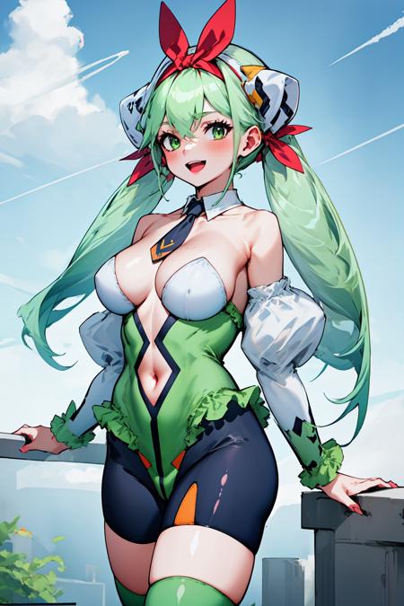 otome_esmeralda, green eyes, green hair, long hair, twintails, breasts, navel, collarbone, bow, hair bow, hair ribbon, horns, necktie, detached collar, bare shoulders, detached sleeves, long sleeves, green leotard, navel cutout, center opening, frills, thighhighs,